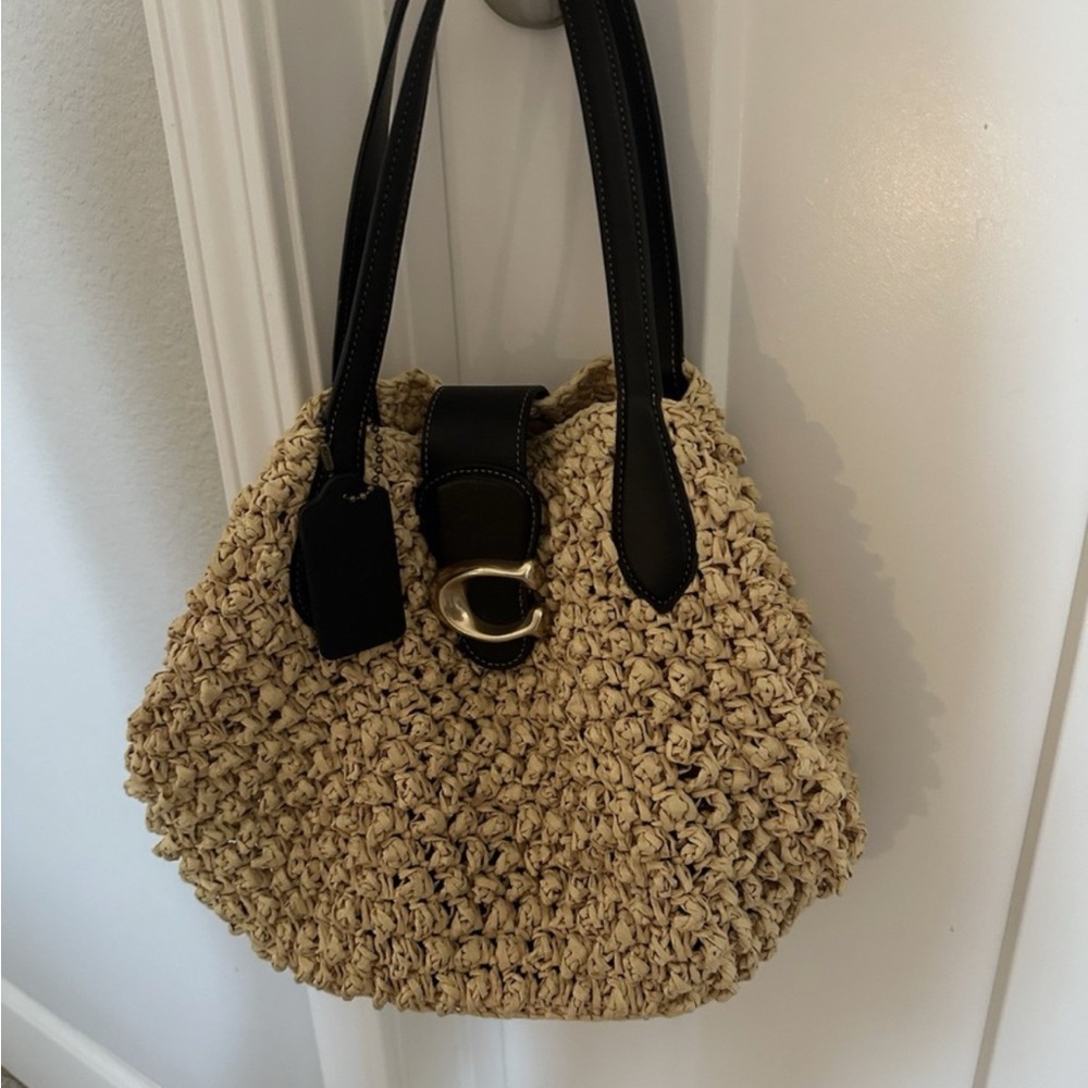 Coach Beige Woven Shoulder Bag with Black Leather Trim
